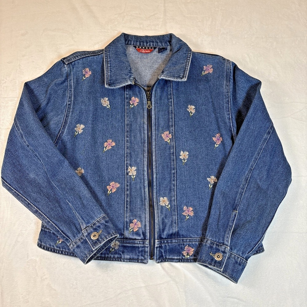 Agapo Womens Jacket Size Petite L Embroidered Denim Bloomcore Floral Zip Garden